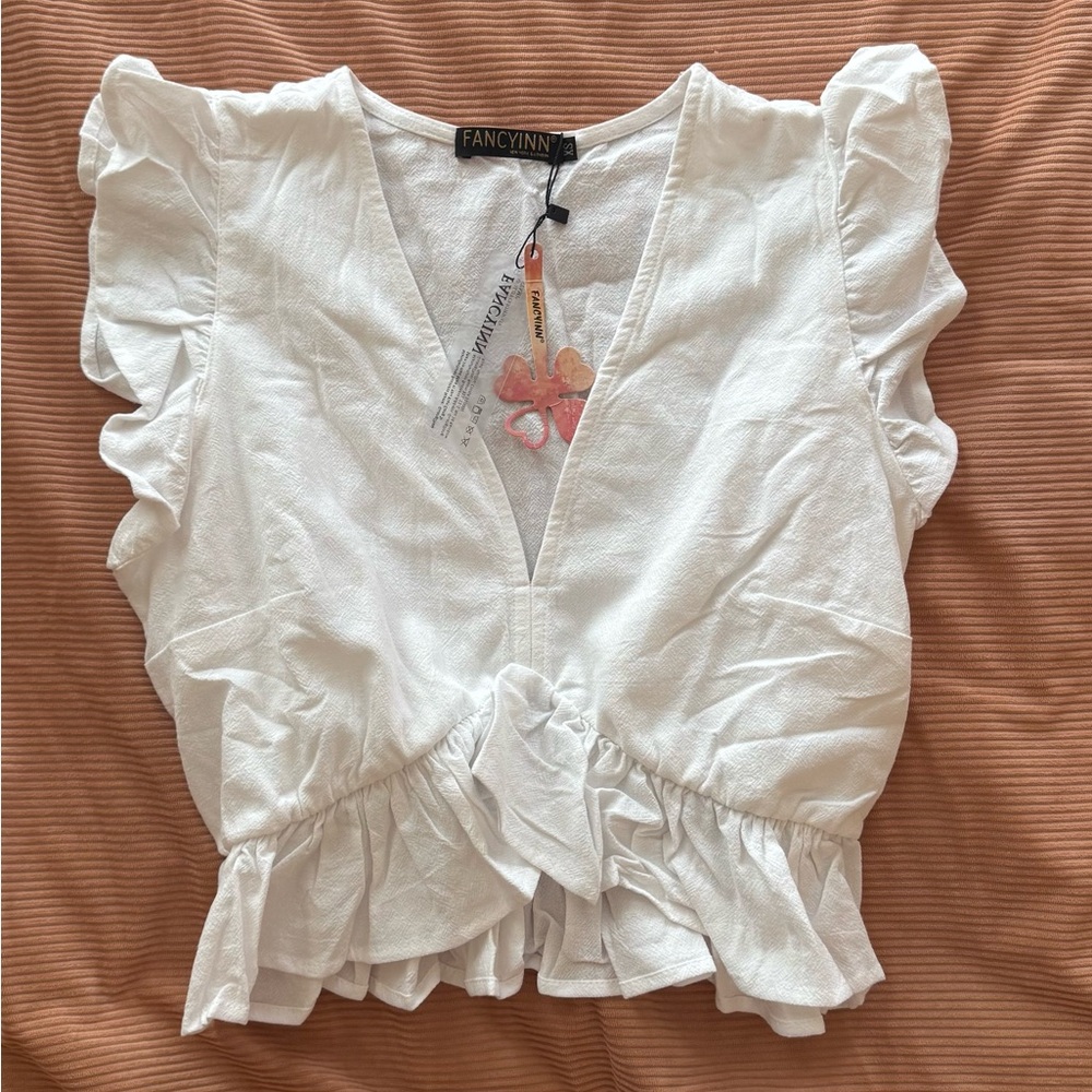 FANCYINN White Ruffle V-Neck Crop Blouse